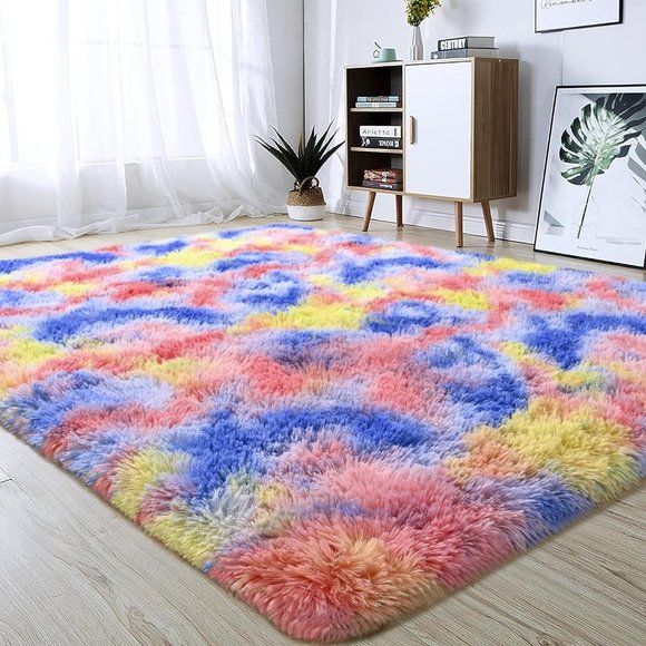 4x6Soft Rainbow Area Rugs for Girls Room, Fluffy Colorful Rugs Cute Floor Car